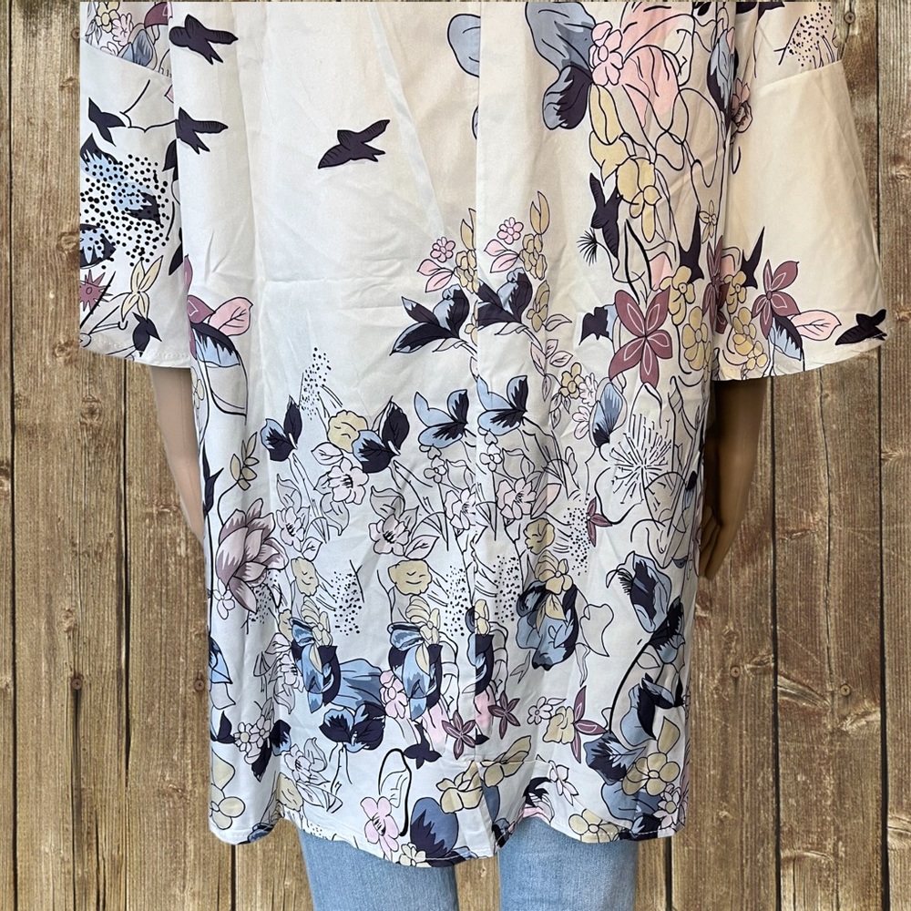 Miss look Lightweight Floral Bird 3/4 Bell Sleeve Boho Style Tunic Medium - Picture 7 of 13